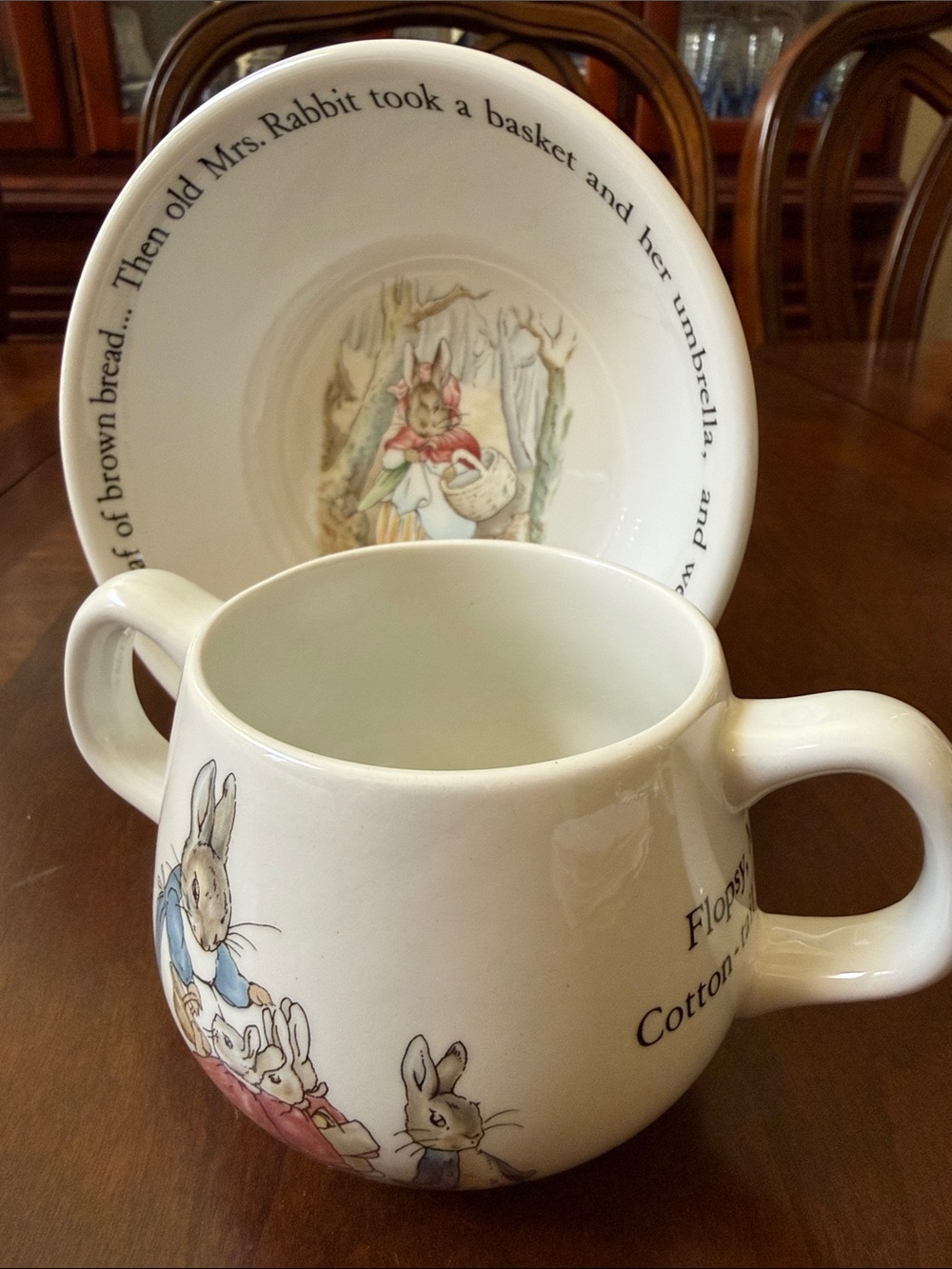 Wedgwood England Beatrix Potter Peter Rabbit oatmeal bowl & two handled mug set